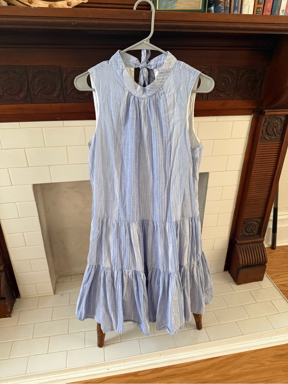 Calvin Klein Light Blue and White Striped Sleeveless Tiered Dress